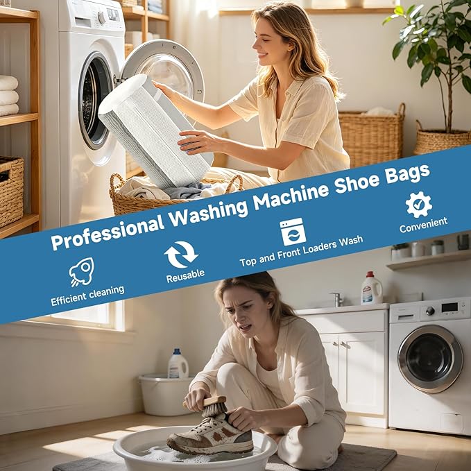 Shoe Bag for Washing Machine and Dryer - 2PCS XXL Reusable Shoe Laundry Bag with Shoe Tree - Chenille Microfiber 360°Deep Cleaning Bag for Sneakers Tennis Delicate Shoes - Gray 15.35 × 7.5 Inches