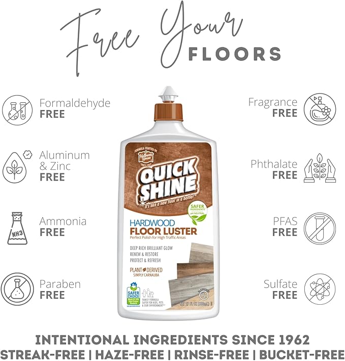 Quick Shine Hardwood Floor Luster-Polish 27oz-2pk | Plant-Derived w/Carnauba | Safer Choice, No PFAS, pH Neutral | Ready to Use Formula w/Anti-Slip Technology | Simply Squirt & Spread | Made in USA