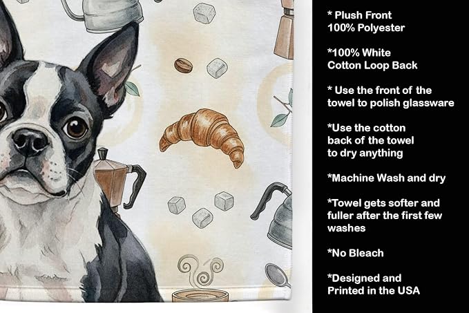 Caroline's Treasures Boston Terrier Coffee Bar Kitchen Towel Velour Plush Front and Cotton Loop Back Machine Washable