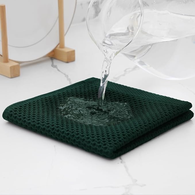 Kitinjoy 100% Cotton Kitchen Dish Cloths (12 X 12 Inches, Blackish Green), 12 Pack Waffle Weave Ultra Soft Absorbent Dish Towels for Drying Dishes Quick Drying Kitchen Towels Dish Rags