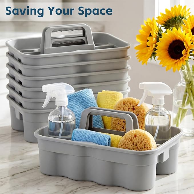 Wesiti 6 Pcs Cleaning Caddy with Handle Large Plastic Housekeeping Shower Basket Cleaning Supplies Organizer for Spray Bottles Brush Home Bathroom Office (Gray)