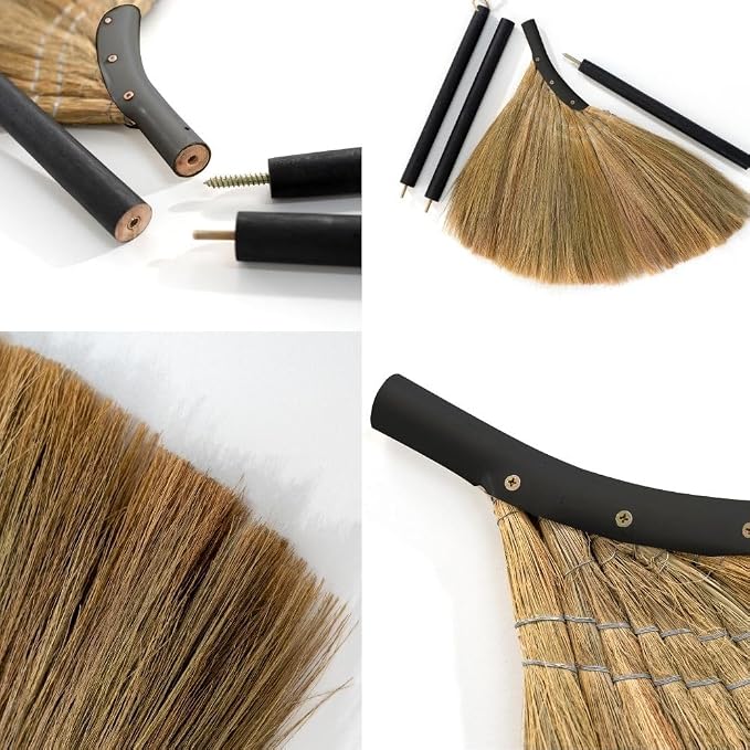 Vietnamese Straw Soft Broom - Indoor Grass Broom - Sweeping Hand with Black Long Handle Broomstick for House, Garage, Office, Lobby Room, Kitchen with 56.69 in Length