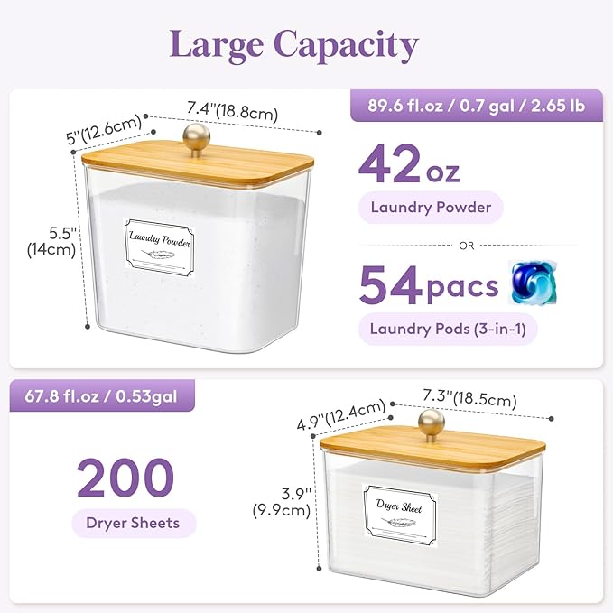Lifewit Laundry Pods Container with Lid, Dryer Sheet Holder, Room Organization Storage for Coffee Pods Kcup Washing Powder, Scent Booster Beads, 2600 +2000ml/0.53+0.7gal，Natural,3 Pcs