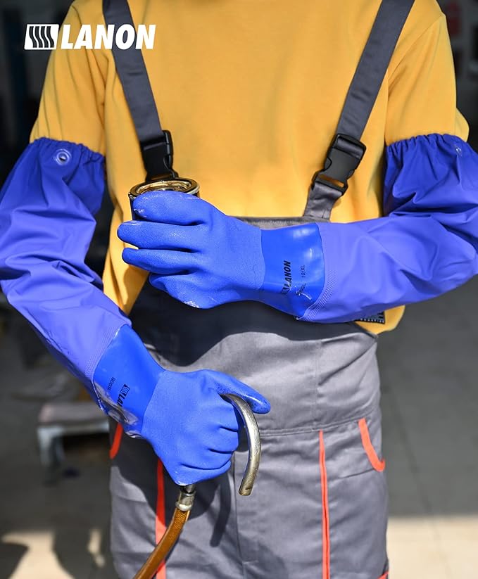 LANON 2 Pairs 26" Elbow Length PVC Chemical Resistant Gloves, Heavy-Duty Long Rubber Gloves, Acid, Alkali & Oil Protection, Large