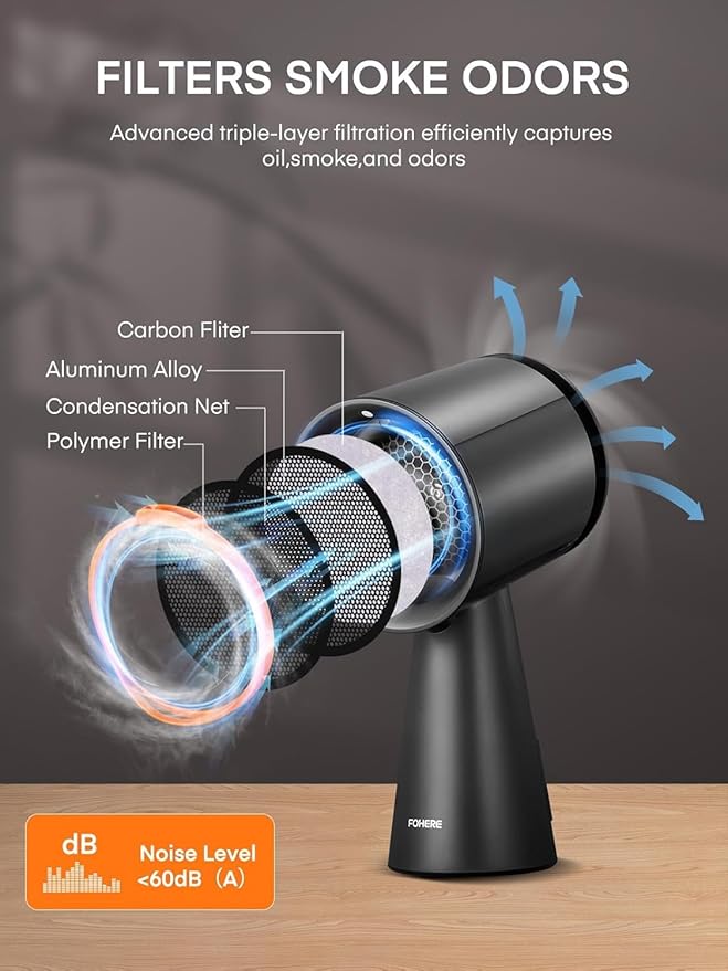 FOHERE Portable Range Hood, Powerful 3-Speed Suction Desktop Compact Range Hood, Detachable Aluminum Carbon Filter, Desktop Kitchen Exhaust Fan with Large Oil Collection Cup