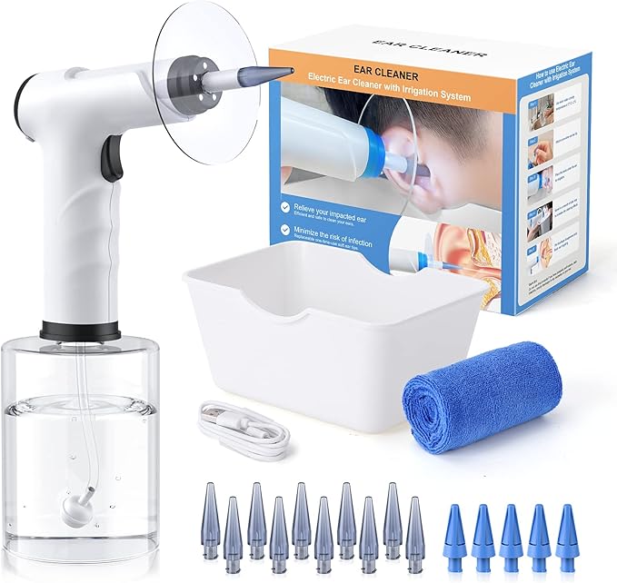 Ear Wax Removal, Electric Ear Cleaning Kit with Light, FSA-HSA-Eligible, Ear Irrigation Kit with 4 Pressure Modes, Safe and Effective Ear Flush Kit with Ear Cleaner - Includes Basin, Towel & 15 Tips
