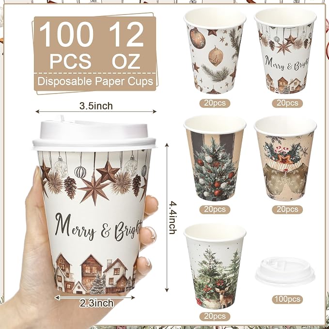 Gerrii 100 Set Christmas Paper Cups Disposable 12 oz with Lids Hot Chocolate Coffee Cups for Hot and Cold Drinks Tea Water Bar Supplies Holiday Winter Season(Cozy Winter)