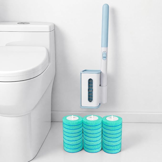 Disposable Toilet Brush with Wall Mounted Holder, 24 Toilet Wand Refills | Touch-Free Brush with One-Button Release, Bathroom Cleaning Set for RV & Small Bathroom, Light Agarwood Scent
