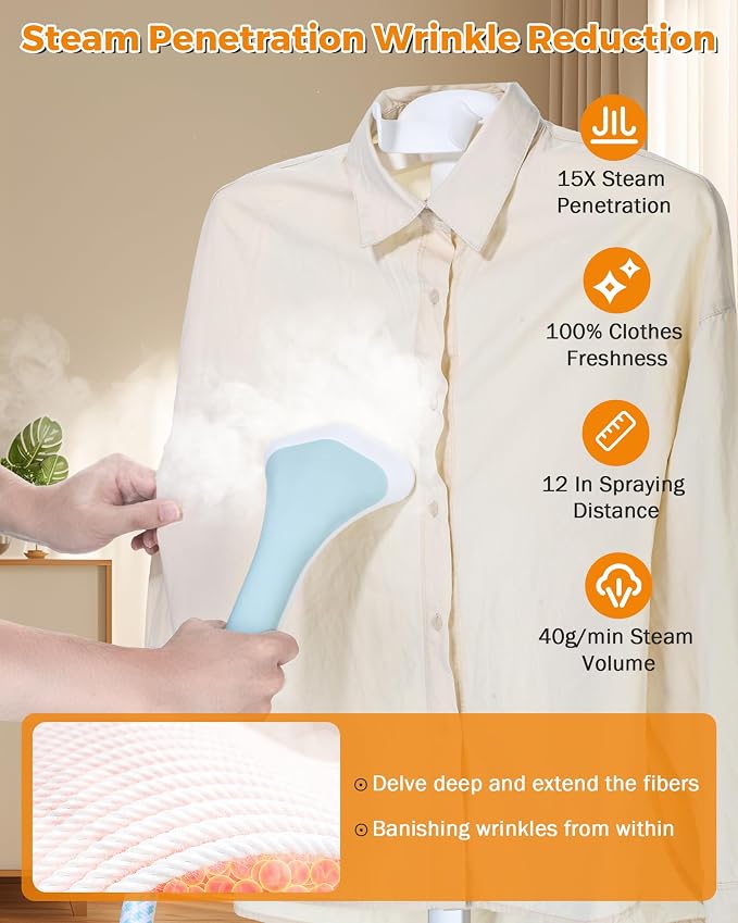 BEAMNOVA Clothing Steamer with Stand, Steam Iron for Clothes, Commercial Standing Garment Steamer, Wrinkle Remover with Ironing Board, 1.8L(61oz) Water Container, 10 Settings, Blue