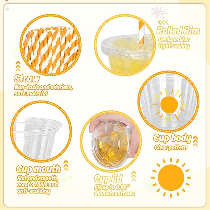 Whaline 100Pcs 9Oz Boho Sun Disposable Plastic Cups with Lids and Straws Cute Yellow Sunshine Cold Beverage Drinking Cups for Iced Coffee Smooth Juice Tea Milkshake