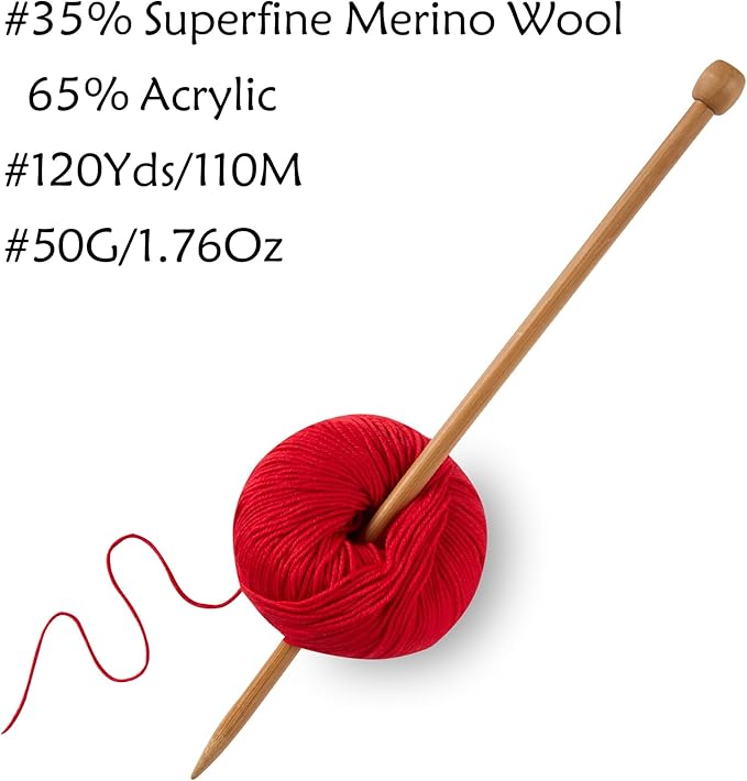 2 Balls Merino Wool Yarn, 12-Ply Luxurious and Soft Yarn for Hand Knitting & Crocheting, 1.76 OZ/50g, 120 yds/110 Meters(Red,2Balls)