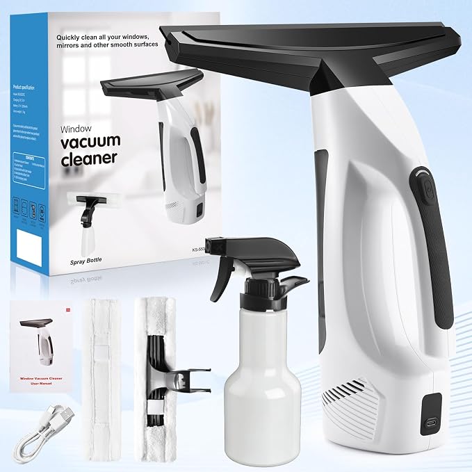 Window Vacuum Squeegee Cordless, 2000Pa Electric Window Vacuum Cleaner with 200ML Water Tank, Rechargeable Electric Squeegee for Windows, Tiles, Mirrors, Showers, Glass, 2200mA