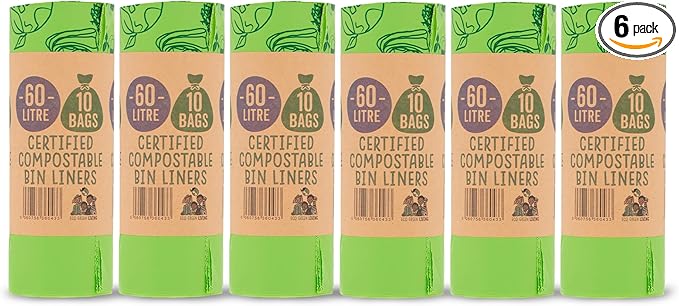 Eco Green Living 100% Compostable Biodegradable Bin Liners 60L Bin Bags For Food Waste, Kitchen Tall Bin Liners, Vegan, Strong, Leakproof, BPA Free, Recyclable, 6 Rolls, 60 Bags