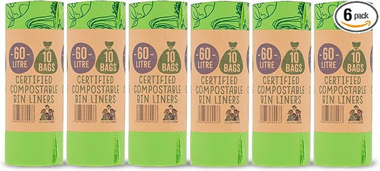 Eco Green Living 100% Compostable Biodegradable Bin Liners 60L Bin Bags For Food Waste, Kitchen Tall Bin Liners, Vegan, Strong, Leakproof, BPA Free, Recyclable, 6 Rolls, 60 Bags
