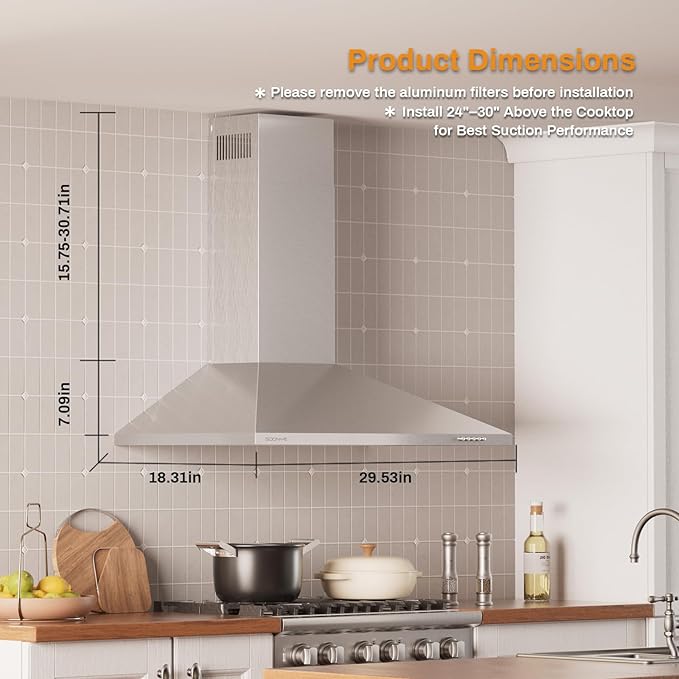30 Inch Wall Mount Range Hood Stainless Steel Ducted/Ductless Convertible Kitchen Exhaust Hood with 450 CFM Motor, 3 Speed Fan, LED Lighting and Dishwasher Safe Filters