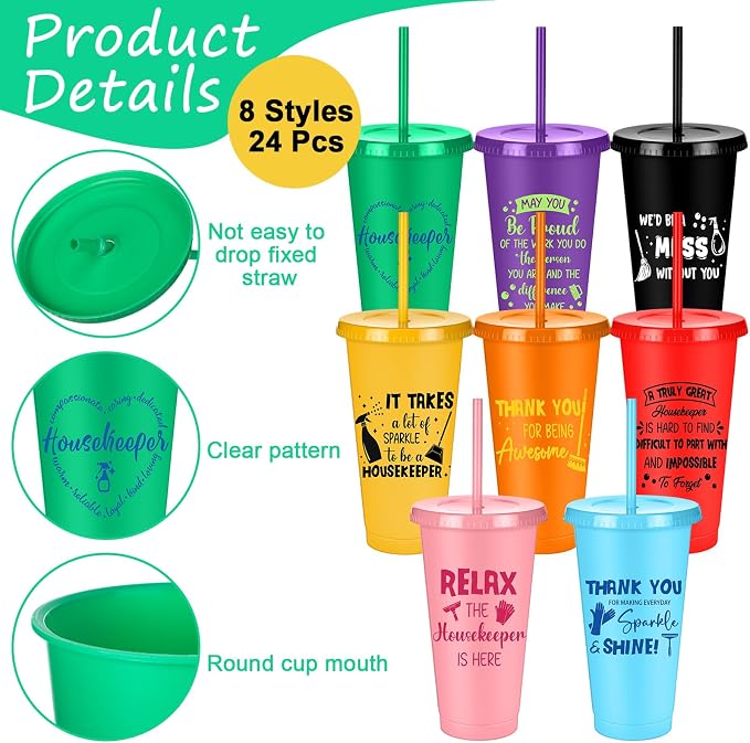 Meanplan 24 Pcs Appreciation Gifts Bulk 24 oz Plastic Tumbler with Lids and Straws Thank You Cups Travel Mugs Inspirational Gifts for(Housekeepers Week)