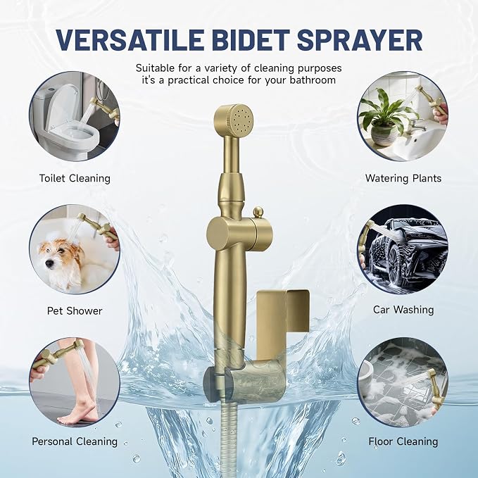 Bidet Sprayer for Toilet Brushed Gold Bidet Attachment for Toilet with Adjustable Pressure Control 3”-11” Spray Reach Brass Cloth Diaper Sprayer