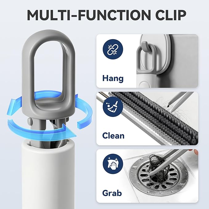 3 in 1 Floor Scrub Brush with Long Handle, Household Push Broom with V-Shaped Stiff Bristles, Detachable Head with Squeegee and Tweezer, Heavy Duty Scrubber Deck Brush for Bathroom Tile Patio Garage