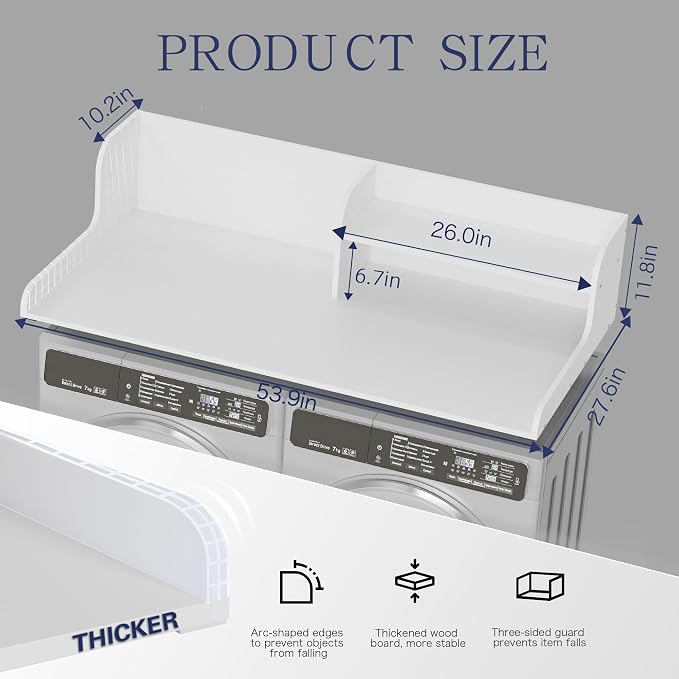 DTK Washer Dryer Wood Countertop with Shelf, Laundry Topper with Non-Slip Mat,27.55" Depth x 54" Width Dryer Covers for The Top with Edge Rails (White)
