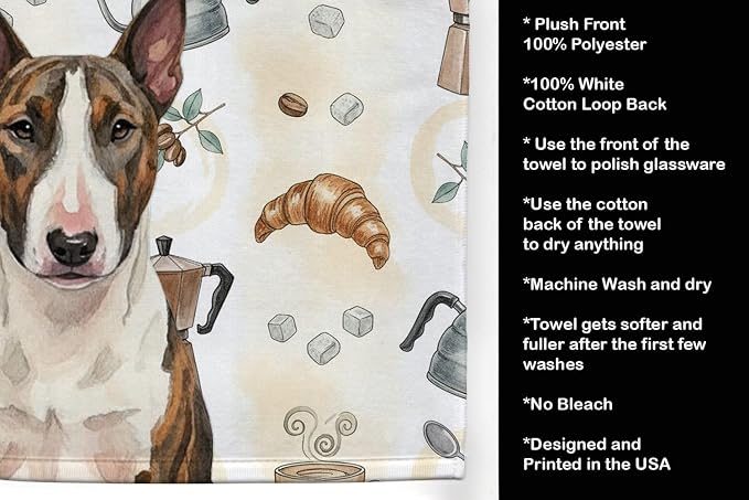 Caroline's Treasures Brindle and White Bull Terrier Coffee Bar Kitchen Towel Velour Plush Front and Cotton Loop Back Machine Washable