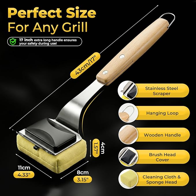 Grill Brush for Outdoor Grill Bristle Free, BBQ Grill Brush with Scraper & 2 Replaceable Heads, Safe Grill Steam Cleaner 17'' Long Handle Grilling Accessories for Cast Iron & Stainless Steel Grates
