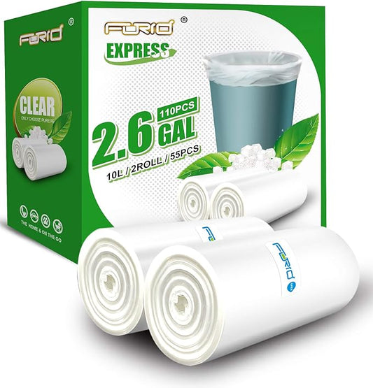 FORID Small Clear Trash Bags, 2.6 Gallon Garbage Bags, Wastebasket Bin Liners 110 Count Plastic Trash Bags for Bathroom Bedroom Office Garbage Can 10 Liters - Durable & Thick Trash Bag