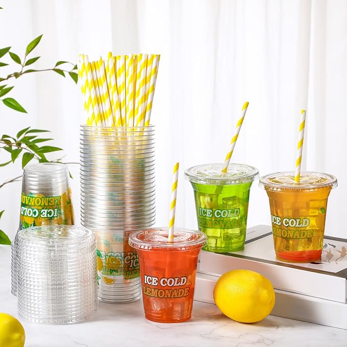 Umigy 100 Pack Plastic Disposable Cups with Lids and Straws 12 oz Disposable Cups for Juice Water Coffee Summer Party Sports Party Supplies (Ice Cold)