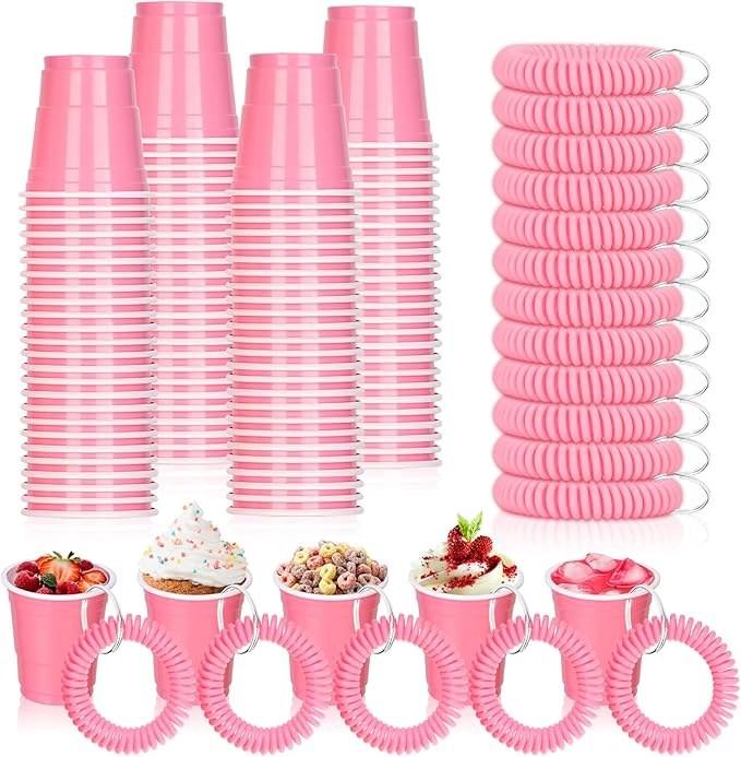 100 Pcs Pink Shot Cups with Wristband for Party 2oz Plastic Shot Glasses Bulk Disposable Mini Shot Glasses with Bracelet Wear On Solo Cups for Festival Birthday Favor Wedding Bachelorette Party