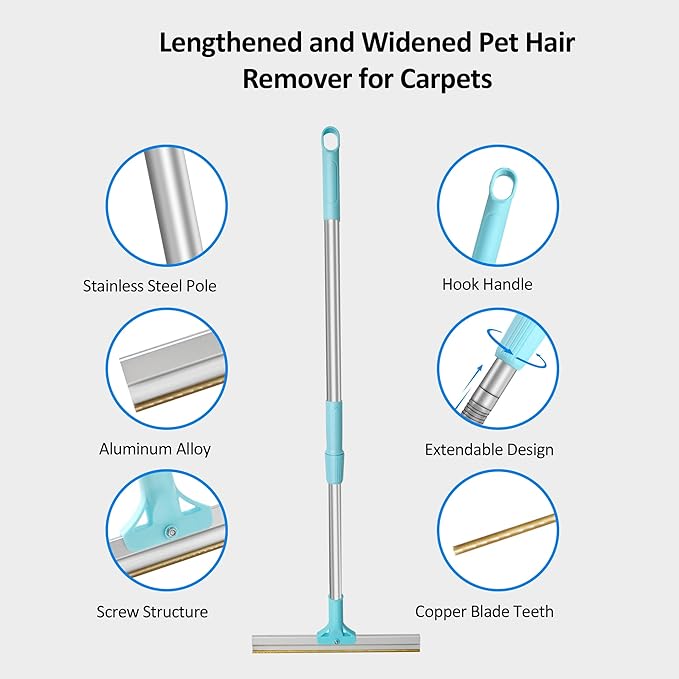 Carpet Rake for Pet Hair Removal 36-55" Adjustable Rake to Fluff Matted Carpet & Remove Dog Cat Hair, Stand-Up Cleaning Tool for Under Furniture & Large Areas, No-Bend Design