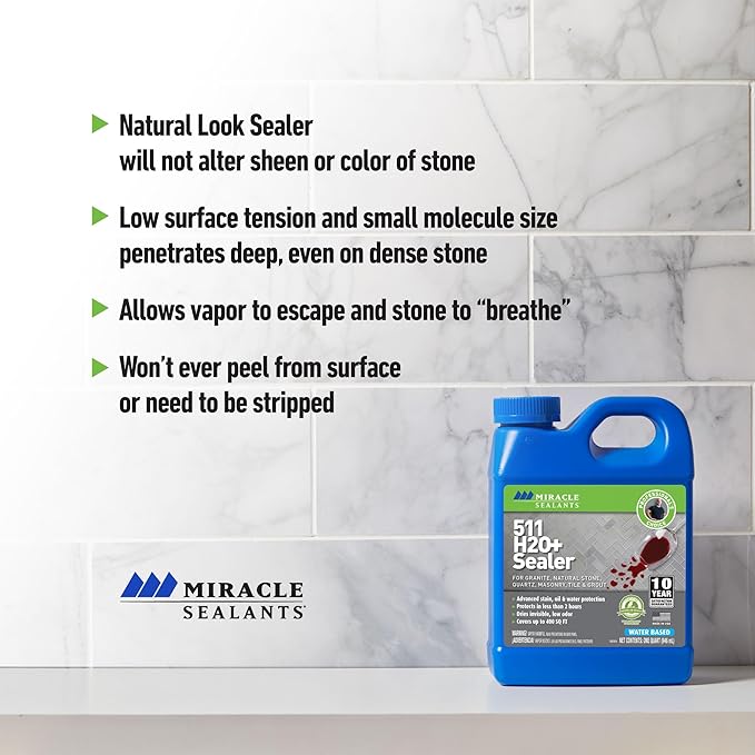 Miracle Sealants 511 H2O Plus Advanced Penetrating Sealer for Countertops, Stone, Tile & Grout, Quart