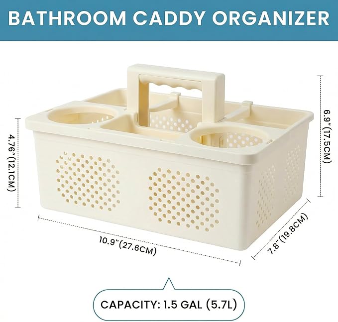 KMV Dorm Room Portable Shower Caddy with Adjustable Compartments - Ventilated Drainage Design with Handles, Perfect Toiletries Organizer for College Dorms-beige