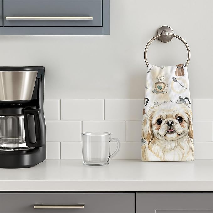 Caroline's Treasures Cream Pekingese Coffee Bar Kitchen Towel Velour Plush Front and Cotton Loop Back Machine Washable
