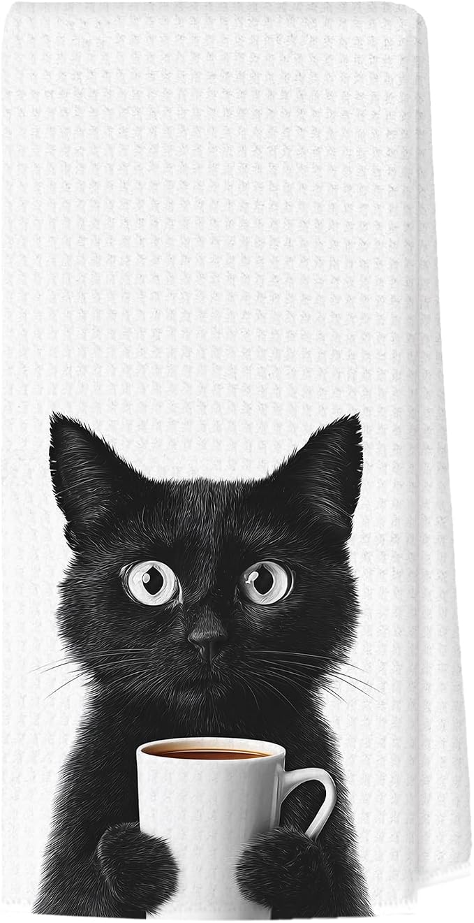Funny Black Cat Kitchen Towels, Cats Kitchen Bar Accessories, Cat Lovers Chef Gifts for Women Decorative Hand Towels for Kitchen Decor, Dining Room Dish Tea Towel, 16x24 Inch