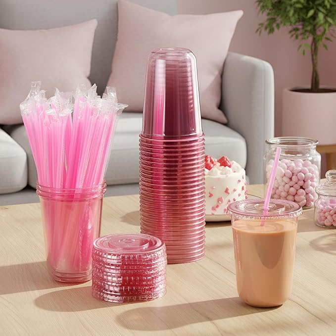 Ziliny 200 Sets Clear Round Bottom Plastic Cups with Lids and Straws, Cute Disposable Drinking Coffee Cups, for Christmas Valentine's Galentine's Day Party Wedding Birthday Supplies (16oz,Pink)