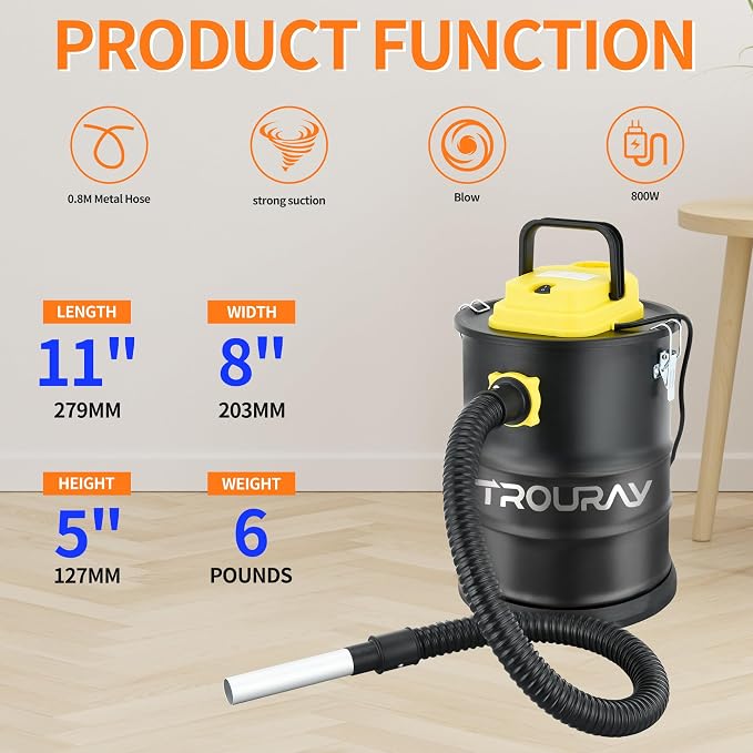 Fireplace Ash Vacuum Cleaner, 2.6 Gallon Heat Resistant Lightweight Canister Vacuum Cleaner with 800W Powerful Suction Blowout for Fireplaces, Pellet Roasters, Woodstoves Pellet Ash Vacuums