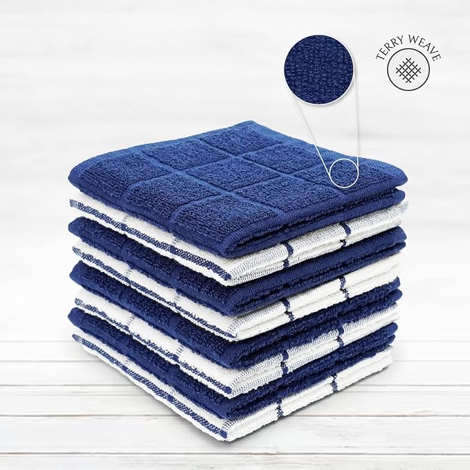 100% Cotton Terry Dish Cloth & Dish Towel, 8 Pack, Super Soft and Absorbent Kitchen Towels, Perfect for Kitchen Cleaning and Dish Washing (Navy (Solid and Check) 8 Pack)