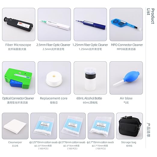 Fiber Optic Cleaning Kit with Inspection Microscope, Cleaning Box 1.25MM/2.5MM/MPO Cleaning Pens for SC/LC/FC Connections