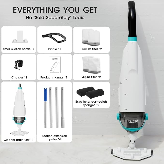 Cordless Handheld Pool Vacuum for Above Ground Pools - Upgraded 26.5GPM Real Suction, Time-Saving Directional-Control, 60min Runtime, 2 Vac Heads & 4 Filter Bags for Hot Tubs & Inground Pools -Green