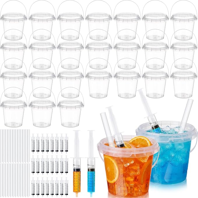 Funnymoom 24 Set Clear Plastic Drink Buckets with Lids Straws Syringes 24 oz Rum Buckets Disposable Party Cups Cocktail Pails with Handles for Outdoor Events, Beach, Pool, BBQ, Birthday Supplies