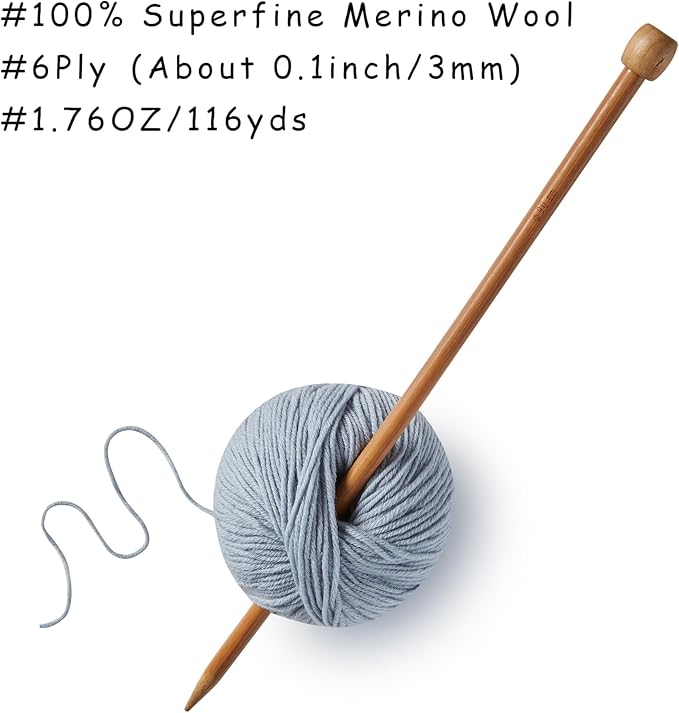 100% Merino Wool Yarn, 6-Ply Luxurious and Soft Yarn for Hand Knitting & Crocheting, 1.76 OZ/50g, 127 yds/116 Meters (Morandi Blue, 3 Balls)