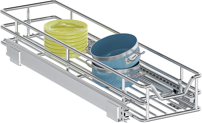 Pull Out Cabinet Organizer, 7.5" W x 21.5" D, Heavy Duty Chrome Slide Out Shelf for Narrow Base Cabinets, Sliding Wire Basket Drawer for Spices, Bottles, Snacks & Cleaning Supplies