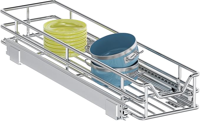 Pull Out Cabinet Organizer, 5.5" W x 21.5" D, Heavy Duty Chrome Slide Out Shelf for Narrow Base Cabinets, Sliding Wire Basket Drawer for Spices, Bottles, Snacks & Cleaning Supplies