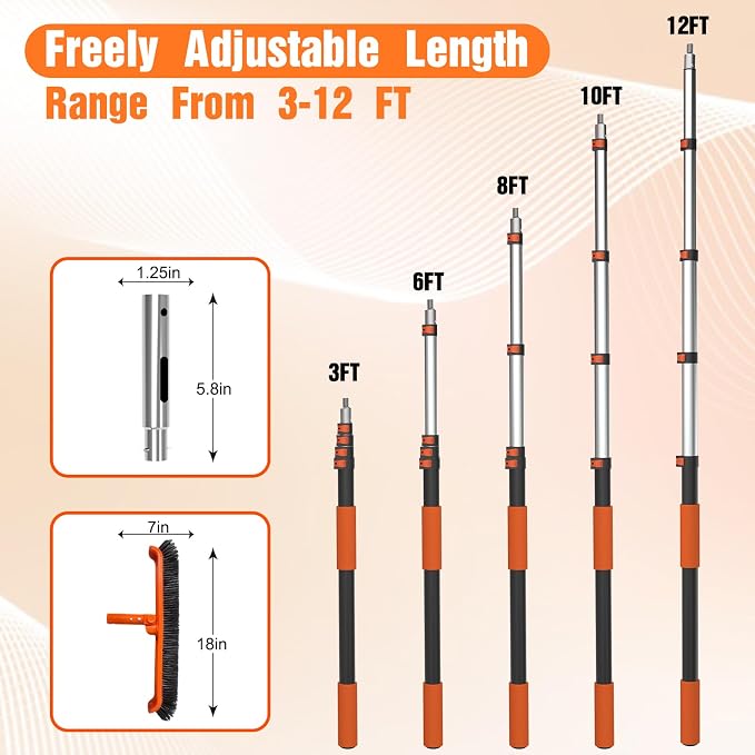 LAANPOLE Pool Brush with Pole, 12FT Heavy Duty Telescopic Pool Pole with 18" Pool Brush, Swimming Pool Scrubber Brush Head for Cleaning Walls, Tiles & Floors