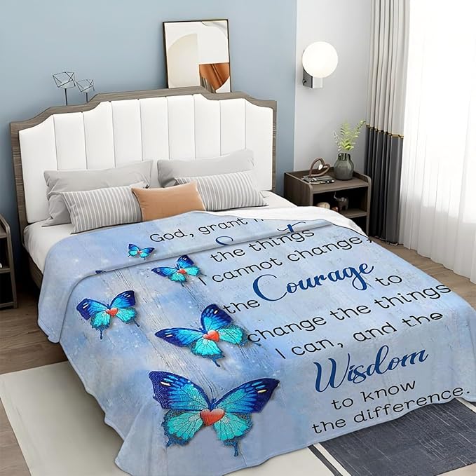 Tijuboni Christian Serenity Prayer Throw Blanket Blue Butterfly Gifts for Women Men Girls Boys Kids Adults Soft Flannel Fleece Blanket for Couch Sofa Bed Home Decor 60"x80"