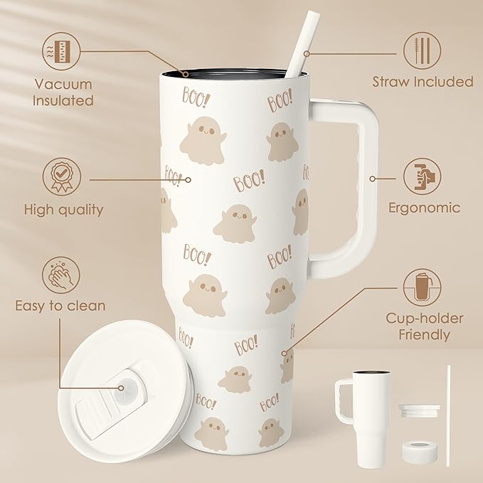 SANDJEST Boo Tumbler with Handle and Straw 40oz – Stainless Sleel Slider Tumbler Travel Coffee Mug for Women - Gift Idea for Fall Autumn Halloween Christmas