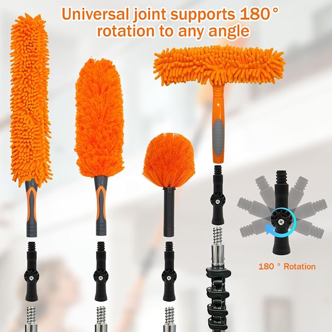 High Ceiling Duster Replacement Heads for Cleaning Fits Standard Threaded Poles, Duster Attachment with Ceiling Fan Cleaner Cobweb Duster Window Squeegee Microfiber Feather Duster Head Swivel Joint