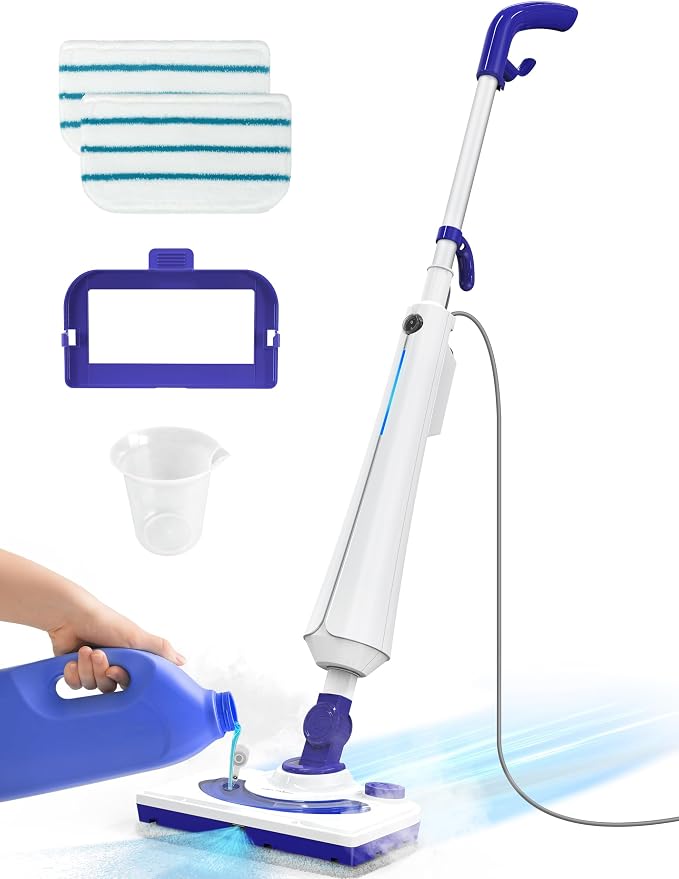 Professional Steam Mop Cleaner, 1300W Floor Steamer with Detergent Chamber, 25S Heat Up, Lightweight Steamer for Cleaning with 2 Washable Pads, Safe for Tiles, Upholstery, Carpet, Hardwood, Azure