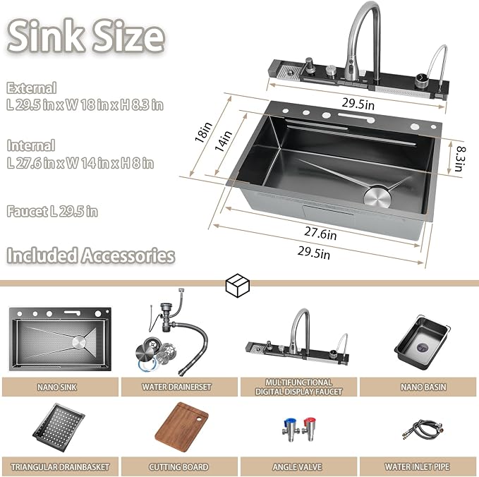29.5 inch Smart Digital Display Waterfall Sink, 304 Stainless Steel Modern Kitchen Sink with 5 Water Outlet Modes, Waterfall Pull-Out Faucet, Cup Washers and Accessory Set