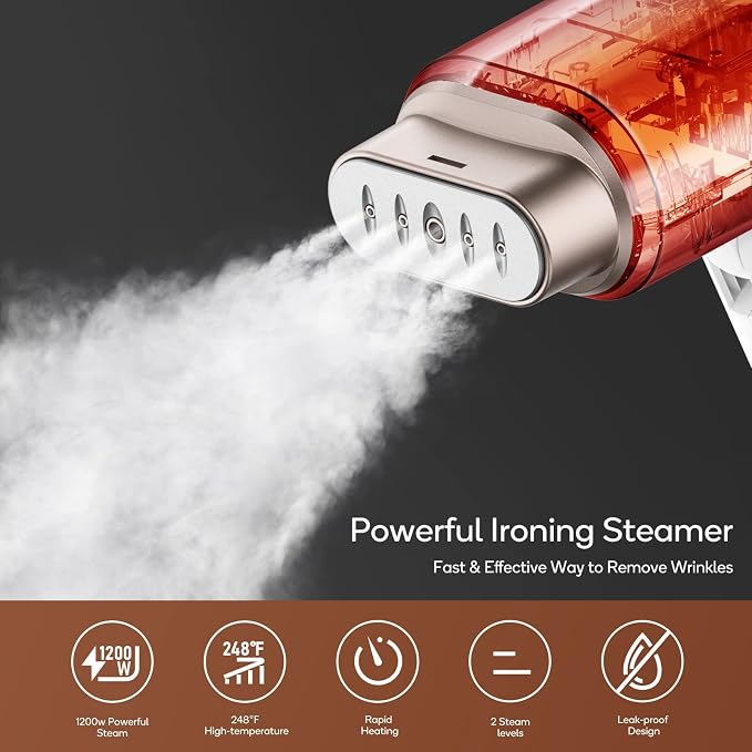 Newbealer Steamer for Clothes, 2 Steam Levels & Dry Iron, 120V Only (Gold) | Foldable & 20s Fast Heat, 360°Anti-Spill, 1200W 180ml Handheld Fabric Wrinkle Remover, 1.5 lbs Compact Size for Trip/Home