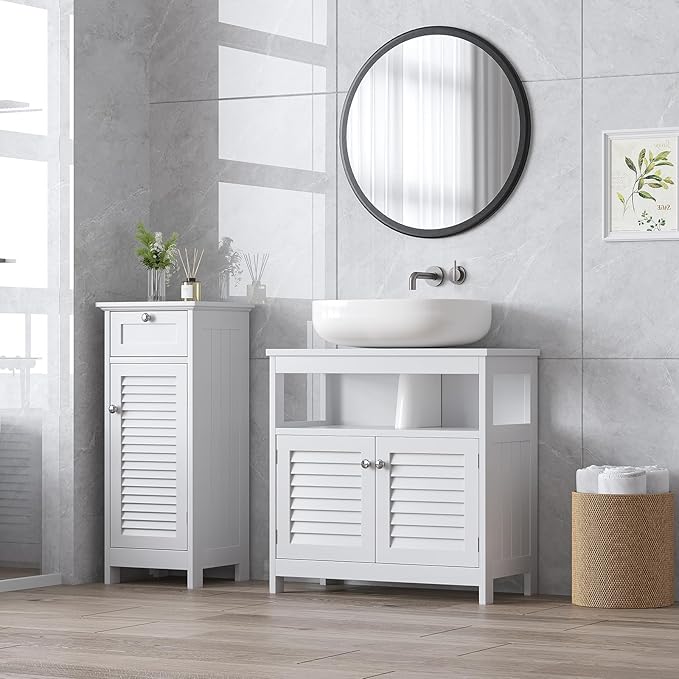U-Shaped Under Sink Storage Cabinet with 2 Doors & Open Shelf, Freestanding Bathroom Vanity Organizer for Pedestal Sink, Water-Resistant MDF Cabinet for Toiletries & Cleaning Supplies, White